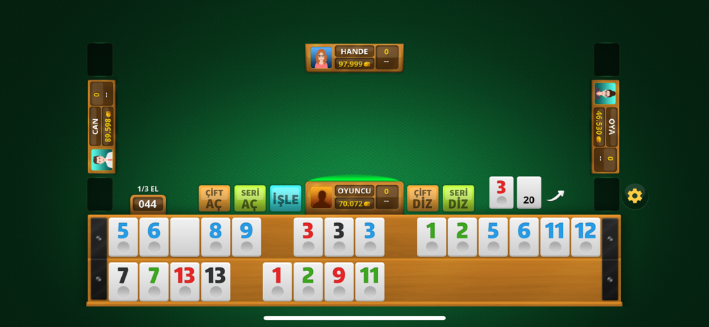 101 Okey HD-İnternetsiz YüzBir - Gameplay of 101 Okey HD showing numbered tiles on a green table