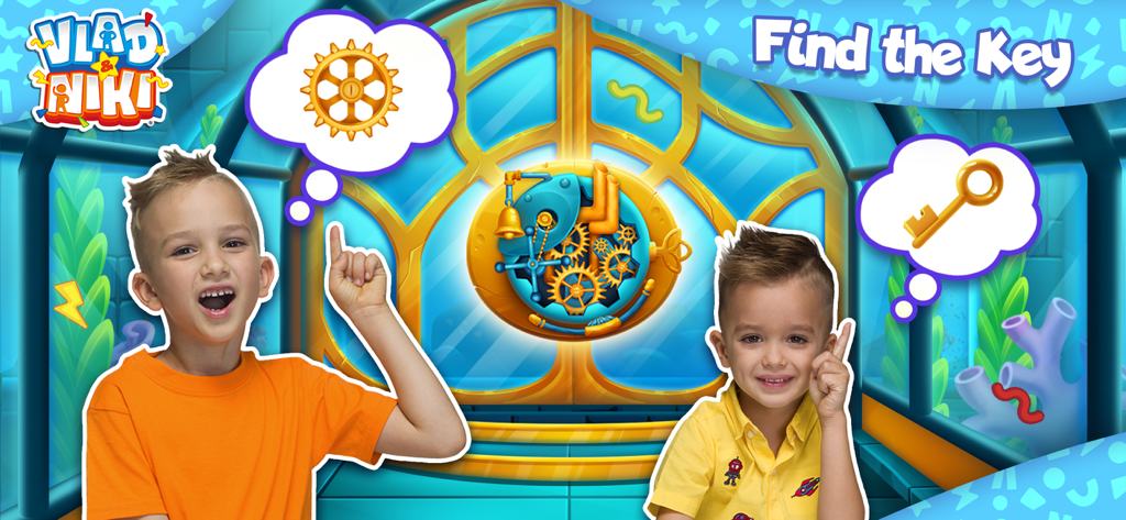 Vlad and Niki solving an underwater puzzle to find a key in their birthday party game.