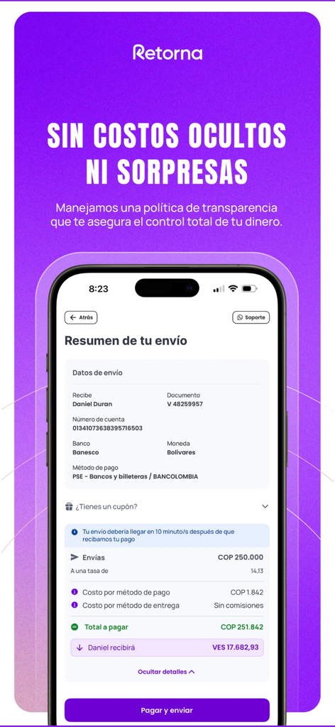 Retorna: envía dinero seguro - Interfaz de la aplicación Retorna mostrando un resumen detallado de transferencia de dinero de Pesos Colombianos a Bolívares Venezolanos con tarifas transparentes