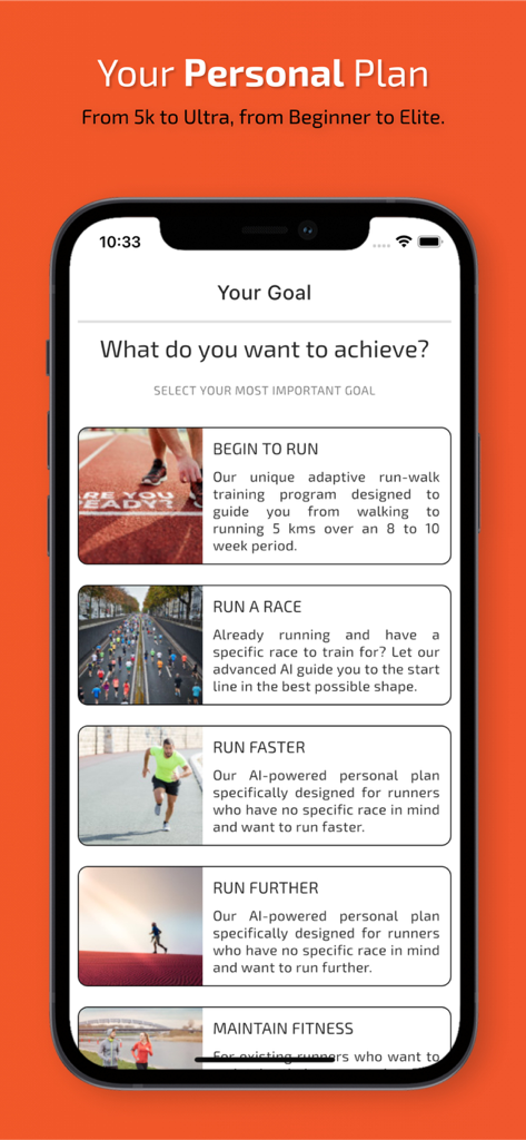 TrainAsONE- AI Running Plans - A mobile screen from TrainAsONE app showing various running goal options like beginning to run or racing with AI plans