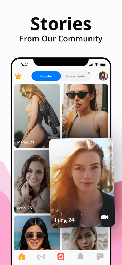 Mobile App-Oberfläche für Video Line, die einen Community-Story-Feed mit Fotos und Profilen von Nutzern zeigt
