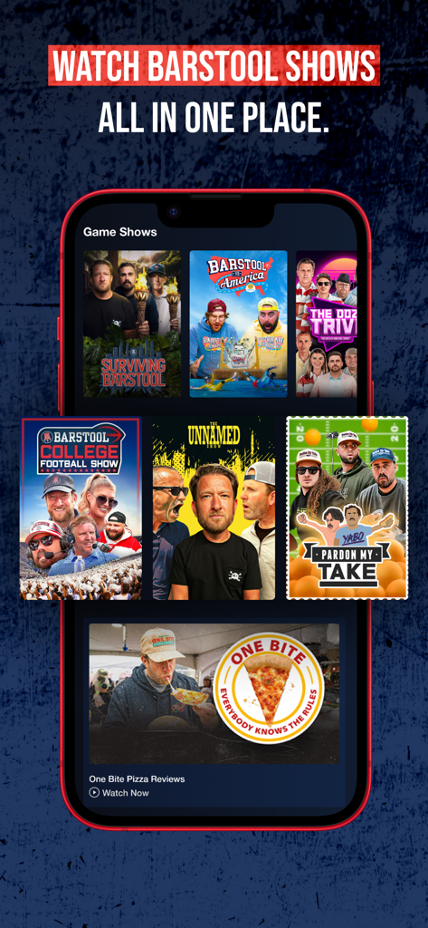 Barstool Sports mobile app interface showcasing various original shows and video series like Pardon My Take and One Bite.