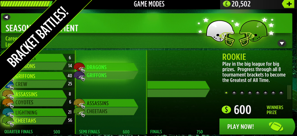 Tournament bracket screen in Mike Vick GameTime Football showing various team matchups and game progress.
