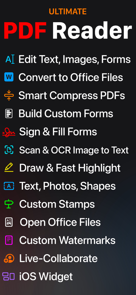 PDF Office Max Acrobat Expert - Una lista de funciones de productividad móvil para PDF Office Max, que incluye edición de texto, conversión de archivos, firma de formularios, OCR y colaboración en vivo.