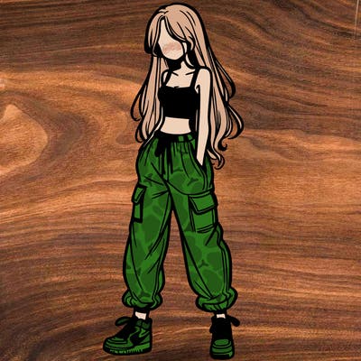 girl in baggy pants crop top and long hair
