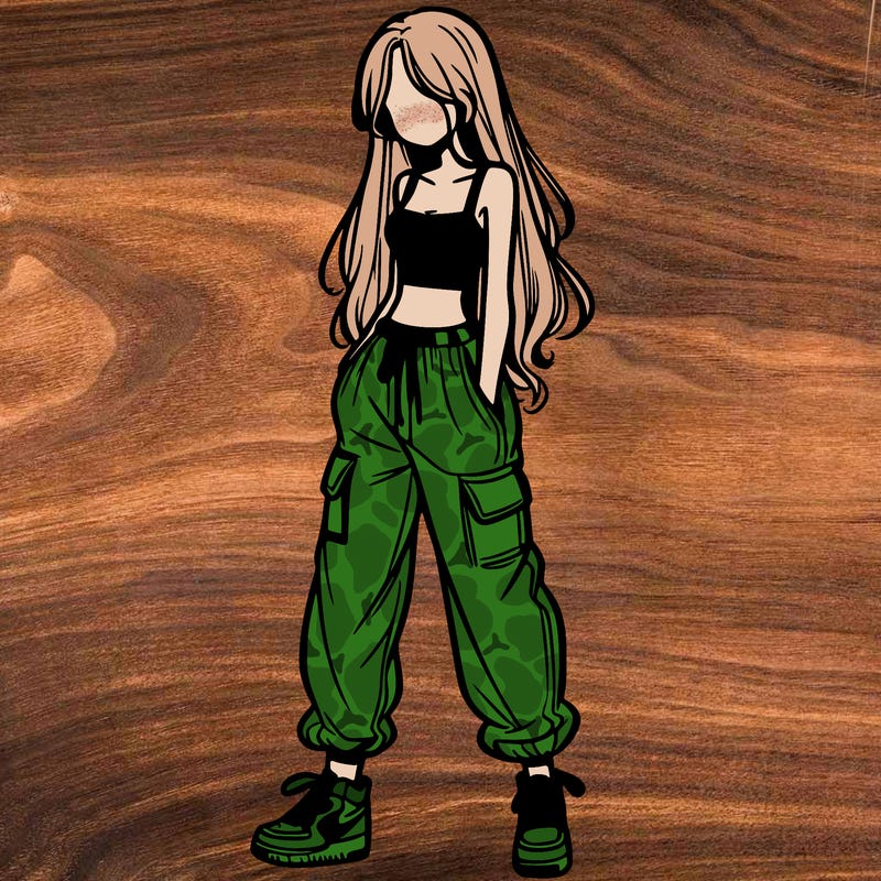 girl in baggy pants crop top and long hair