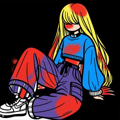 a girl with baggy pants and a crop top with long hair