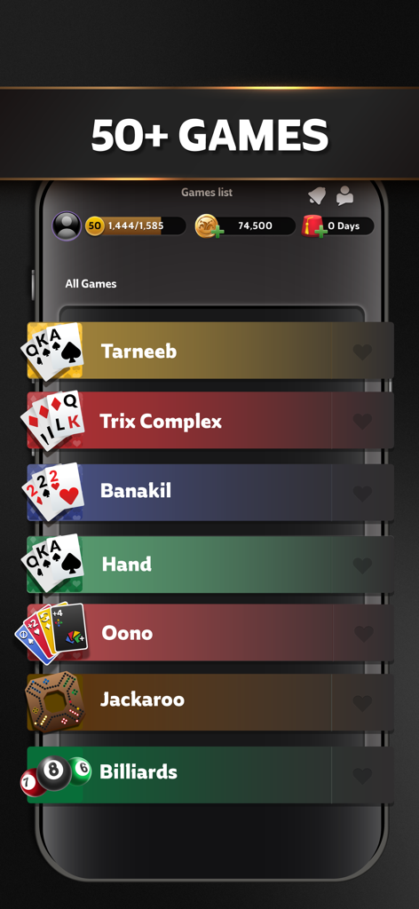 Jawaker: Games & Friends - Jawaker app interface showing a list of card and board games including Tarneeb and Jackaroo
