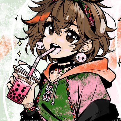 hot baddie anime girl drinking boba and biting the straw