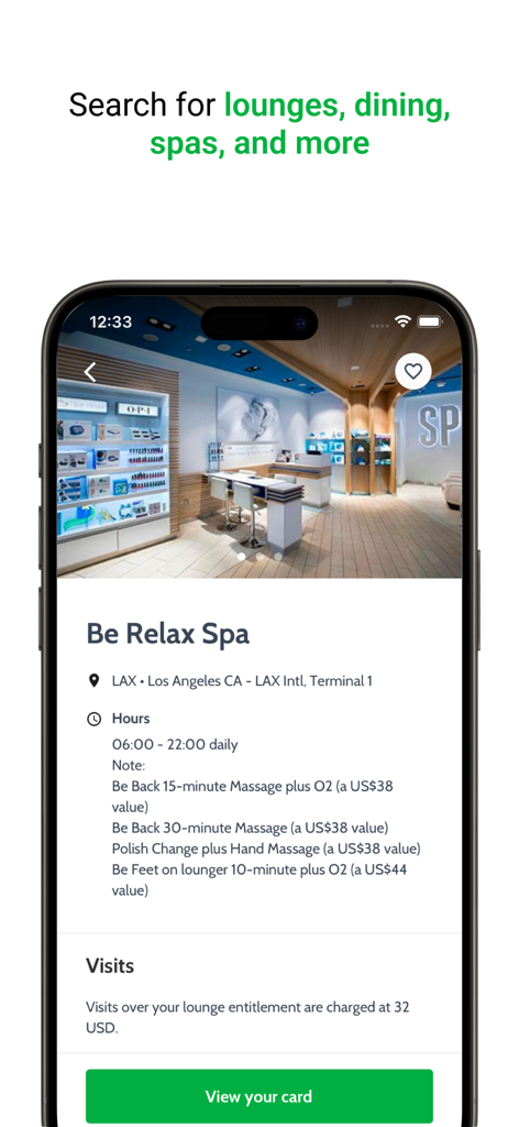 LoungeKey - LoungeKeyアプリの画面。LAX空港のBe Relax Spaの詳細（営業時間やサービスを含む）が表示されています。