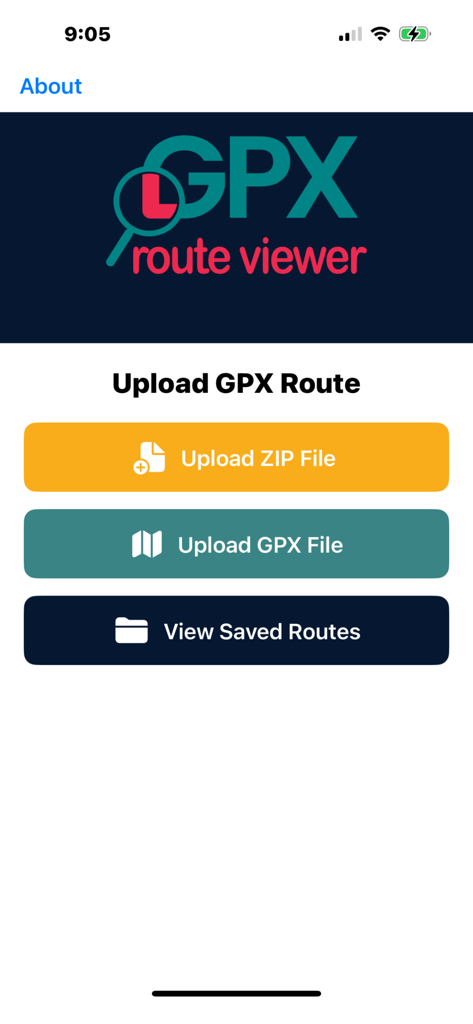 Pantalla de inicio de la aplicación Visor de Rutas GPX con opciones para subir archivos ZIP y GPX o ver rutas guardadas
