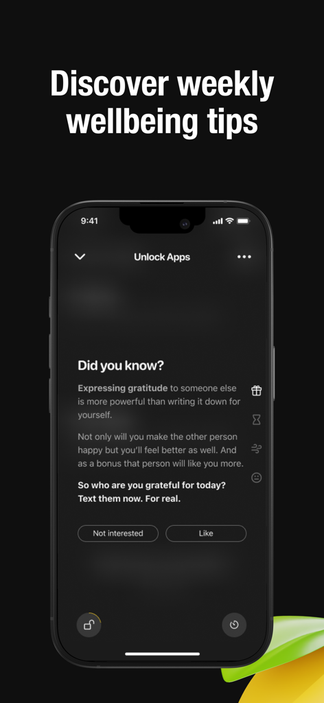 Lemio: Lock In Screen Time - Lemio app screen showing a weekly wellbeing tip about the importance of expressing gratitude