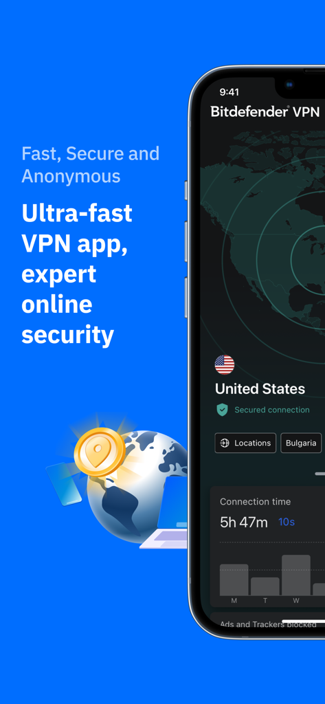 Bitdefender VPN: Fast & Secure - Bitdefender VPNアプリのインターフェース。安全で匿名なインターネット接続用