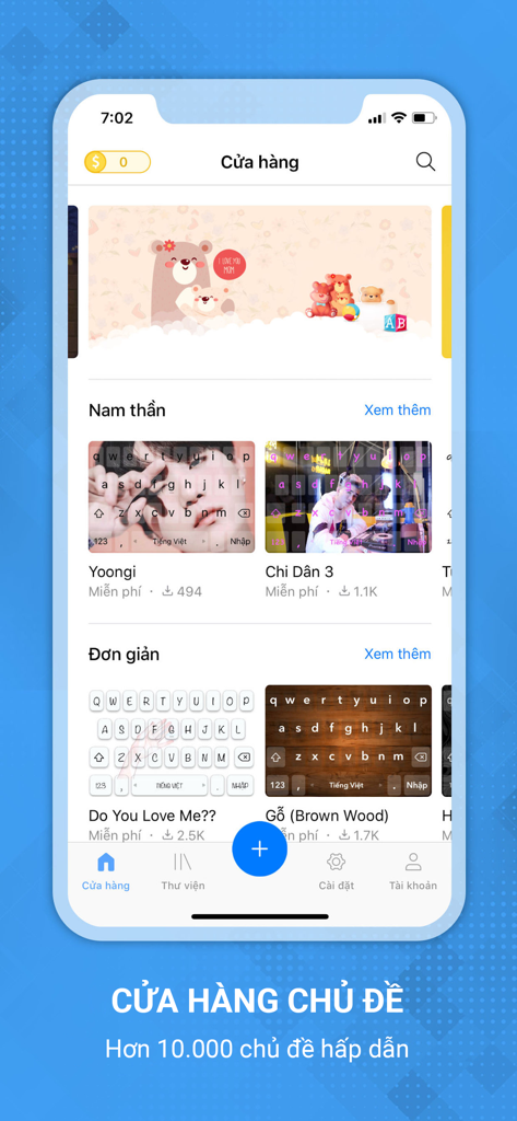 Laban Key app theme store screen showing various custom keyboard backgrounds and designs