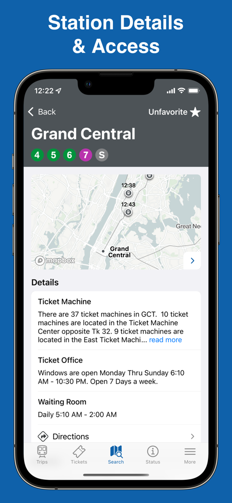 MTA TrainTime app showing Grand Central station details including map and ticket office hours