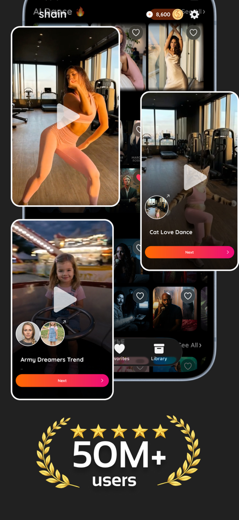 AI Baby Dance Video: shain - Interfaz de la aplicación Shain IA que muestra plantillas de vídeo y el hito de 50 millones de usuarios