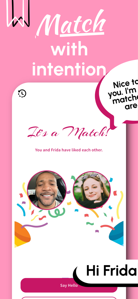 Celibate - Date with Intention - Celibate dating app match screen showing two user profiles with the slogan Match with Intention.