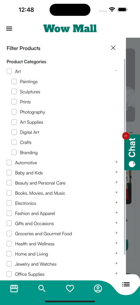 Wow_Mall - Product category filter menu showing various shopping categories in the Wow Mall app