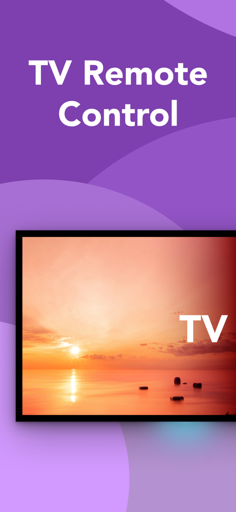TV Remote: Universal Control ◦ - Pantalla de introducción de la aplicación Control Universal TV con un televisor inteligente mostrando un atardecer sobre un fondo morado.