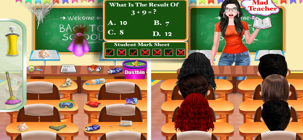 Crazy Mad Teacher Science Game - A classroom scene in the Crazy Mad Teacher game showing a math quiz on a chalkboard with an angry teacher and messy student desks.