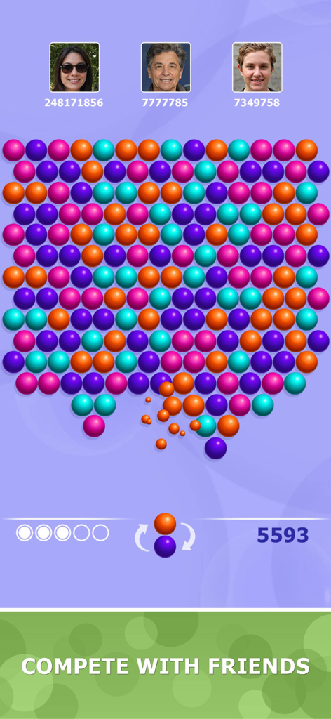 Bubblez Magic Bubble Quest game screenshot showing bubble shooter gameplay and compete with friends social feature