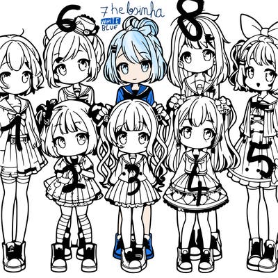 6 cute anime girls lined up