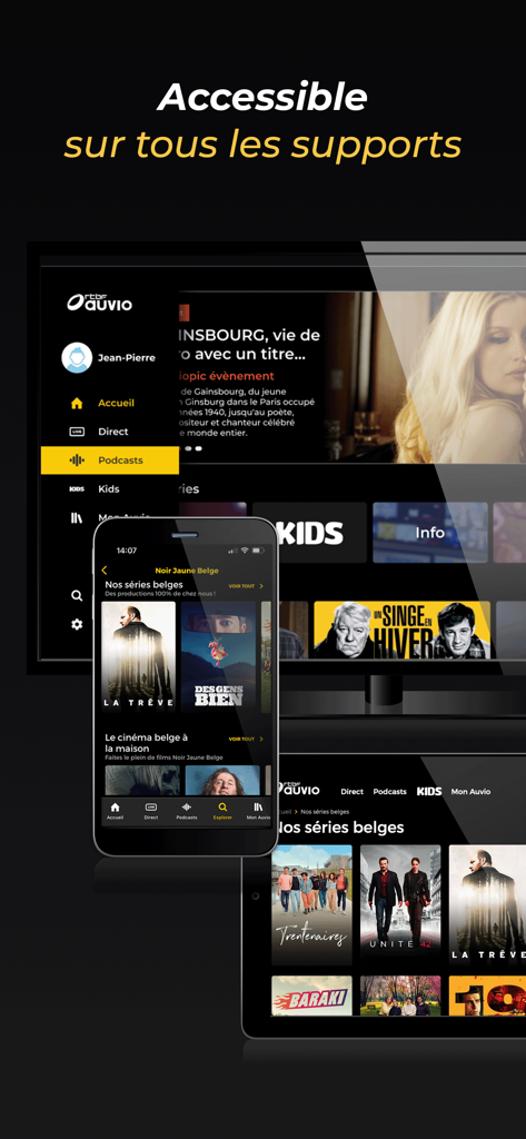 RTBF Auvio streaming interface shown on a television, smartphone, and tablet