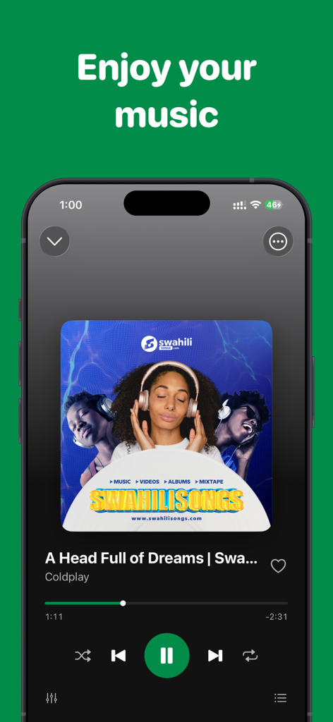 Offline music player : Songs - Interface of the Offline Music Player app on iPhone showing the music playback screen with album art and controls.