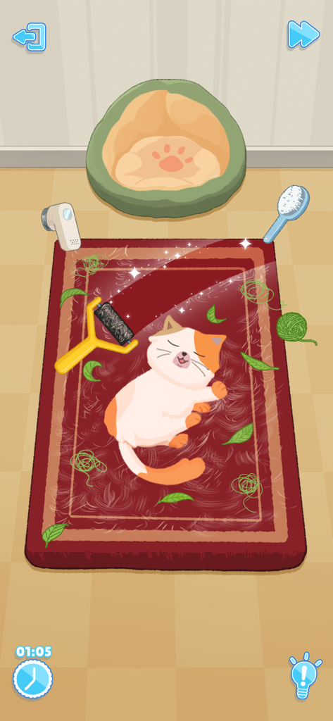 Tidy Up: Perfect Games - A satisfying game level where a player uses a lint roller to clean a hairy red rug with a sleeping cat.