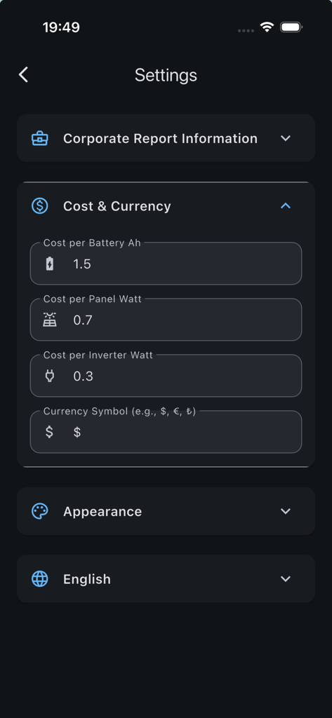 Settings menu in Solar System Calculator Pro for configuring solar component costs and currency symbols.