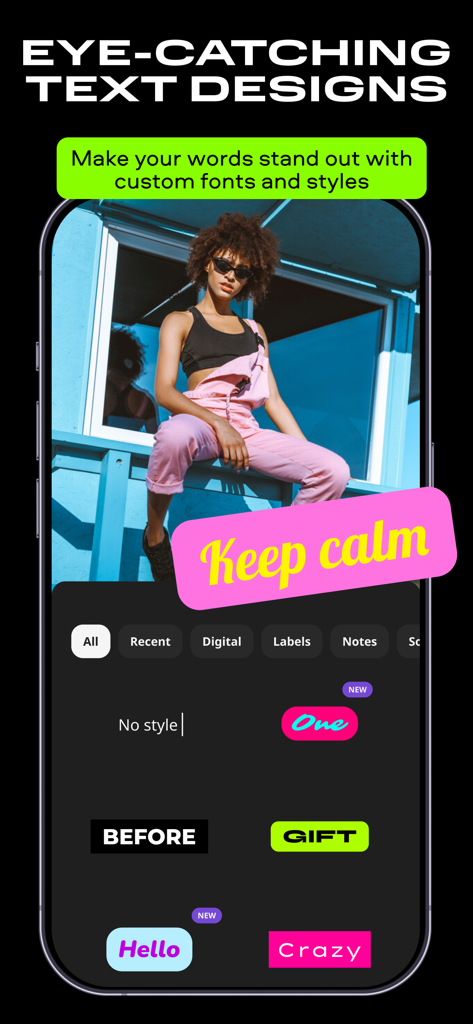 Movavi - Video Editor - Smartphone screen showing Movavi Video Editor with eye-catching text designs and custom font options.