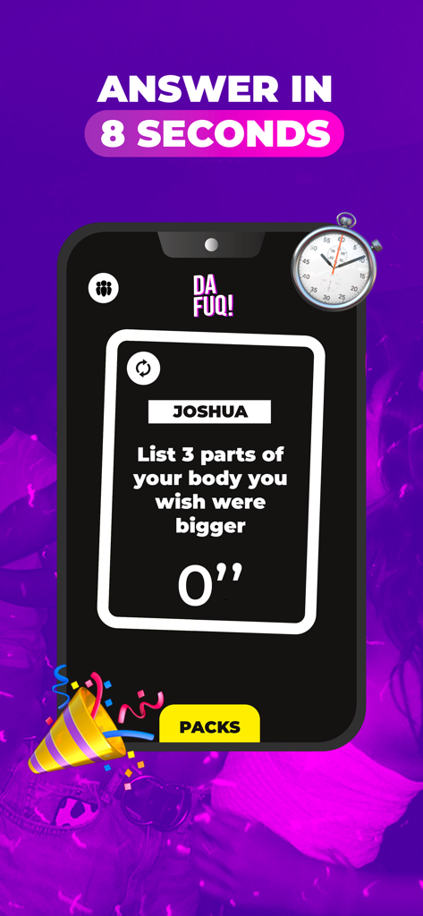 Captura de tela do aplicativo móvel do jogo de festa DAFUQ exibindo um desafio de carta provocante e um cronômetro.