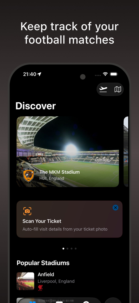 Ground Hopper Stadium Passport - Discover screen of the Ground Hopper app showcasing football stadium information and the AI ticket scanning feature