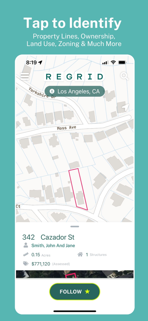 Regrid Property App - 区画境界線と不動産所有者情報が地図上に表示されたRegridモバイルアプリのインターフェース