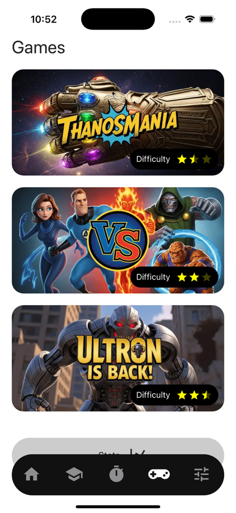 AWS Cloud Practitioner CLF-C02 - Ein Menü innerhalb der AWS Cloud Practitioner-App, das gamifizierte Lernmodule mit Superhelden-Themen wie Thanos und Ultron anzeigt