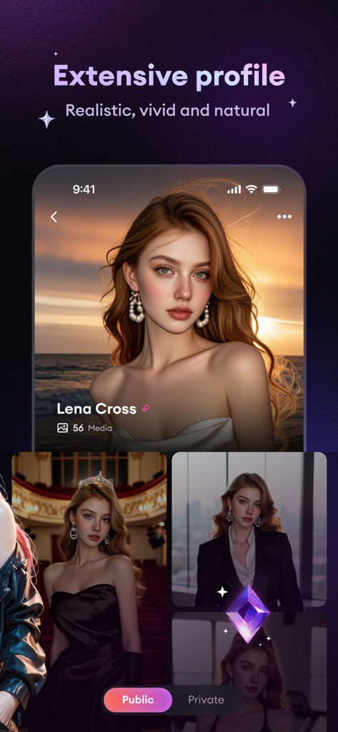 Tremble: Talk to AI Characters - Un profil détaillé d'un personnage IA nommé Lena Cross dans l'application Tremble, montrant des images IA réalistes et vives.