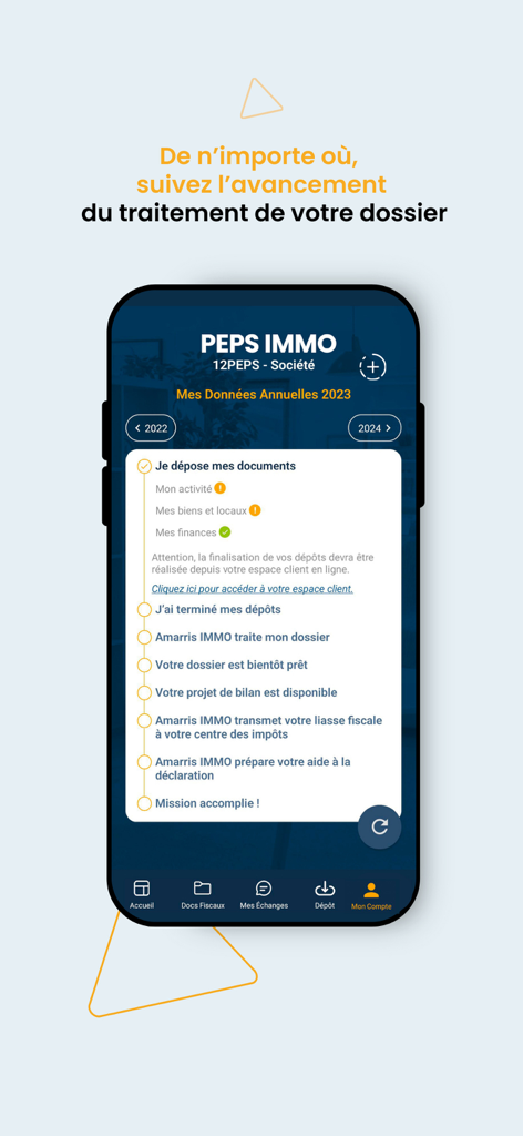 Pantalla móvil de la aplicación Amarris Immo Expert que muestra una lista de verificación para seguir el progreso de la declaración de impuestos inmobiliarios