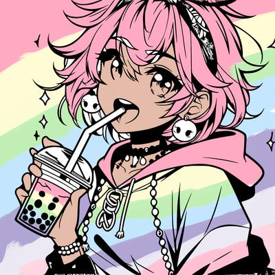 hot baddie anime girl drinking boba and biting the straw
