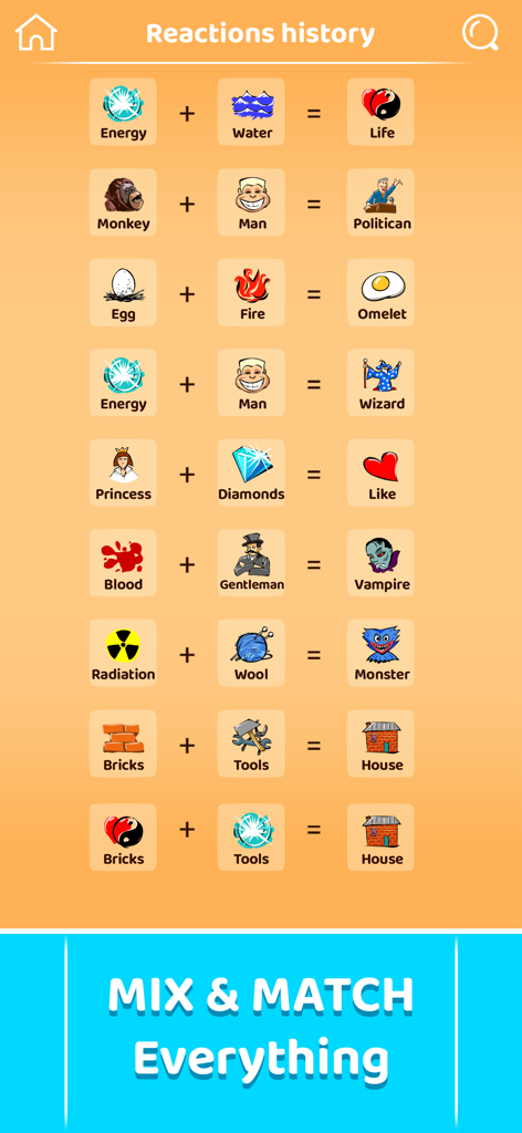 Doodle God: Alchemy Craft DIY - Pantalla de historial de reacciones de Doodle God que muestra combinaciones de elementos como energía y agua para crear vida.