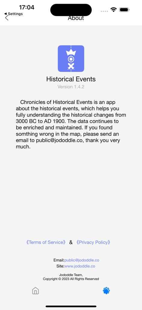 EpicMoments - La página Acerca de de la aplicación EpicMoments que muestra el número de versión y un resumen de la cobertura de la historia mundial desde el 3000 a.C. hasta el 1900 d.C.