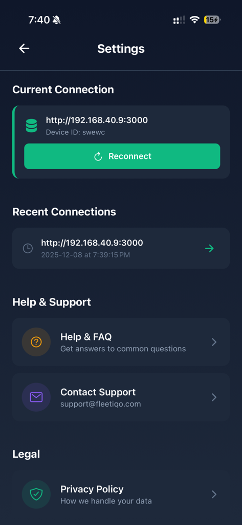 Pantalla de configuración de la aplicación Compañero de Terminal Remota mostrando detalles de conexión actuales y recientes, ayuda, soporte y política de privacidad