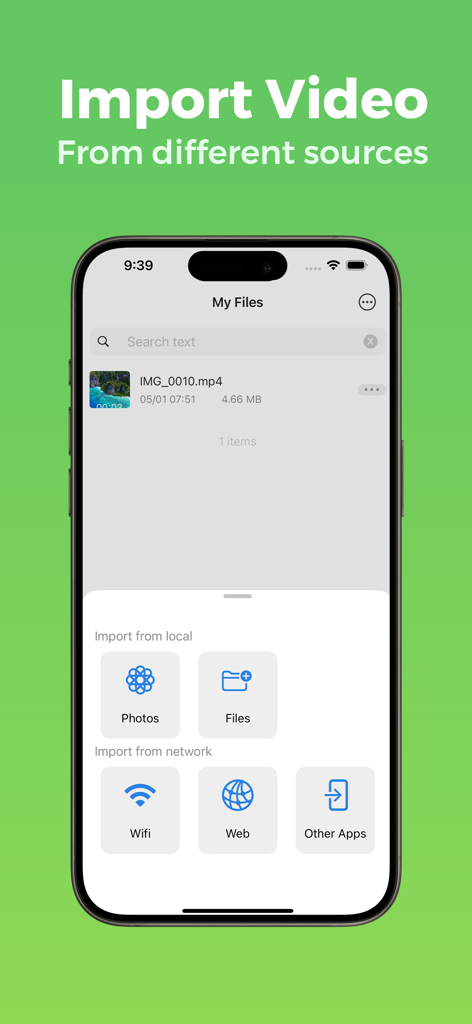 Interfaz de la aplicación Any GIF Maker mostrando múltiples fuentes de importación de vídeo incluyendo Fotos, Archivos, Wifi y Web