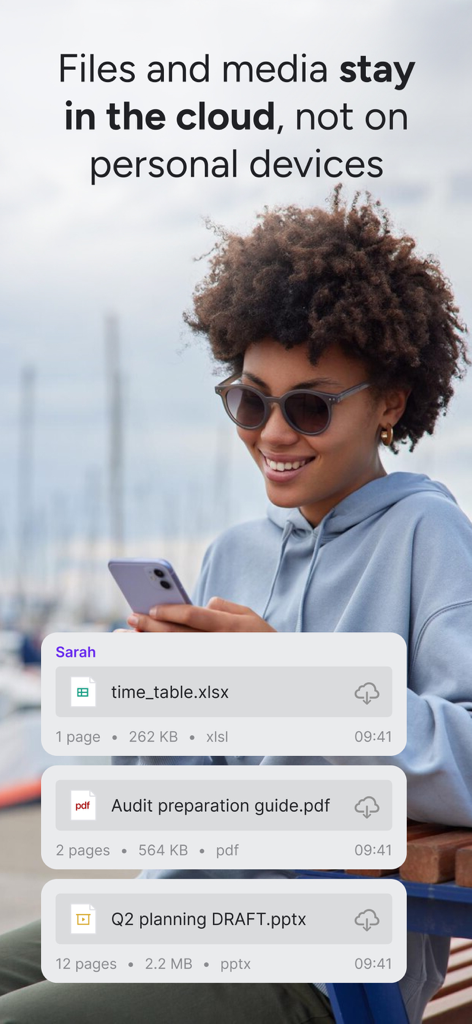 Zenzap: Professional Work Chat - A woman using the Zenzap app with an overlay showing business documents stored in the cloud