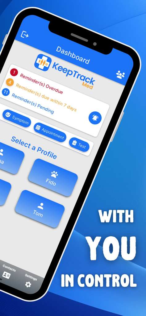Dashboard of KeepTrackMed app showing health reminders and family profiles for medical tracking