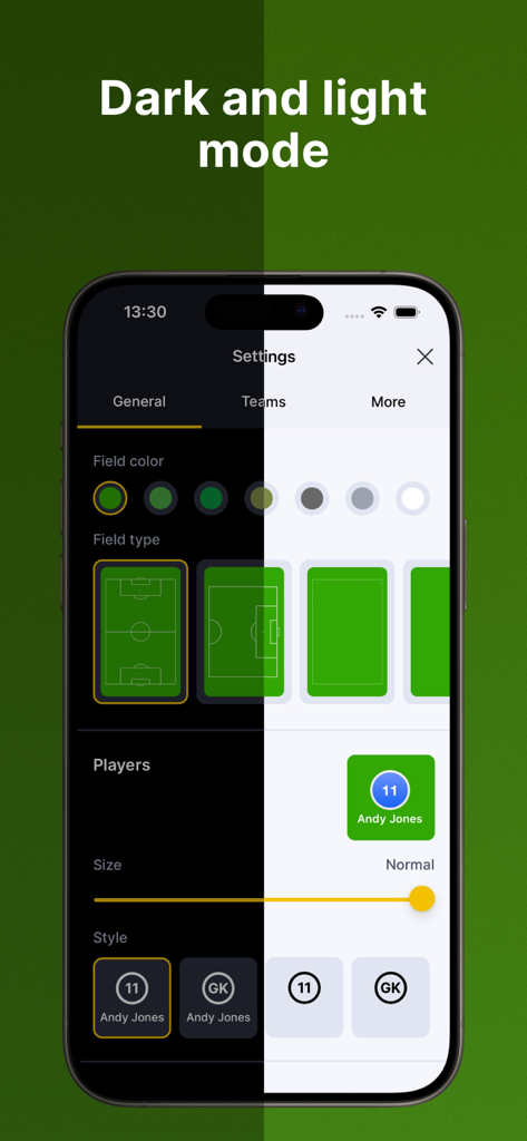 Coach Tactic Board: Soccer++ - Coach Tactic Board Soccer app settings screen showing a split view of dark and light mode for field and player customization