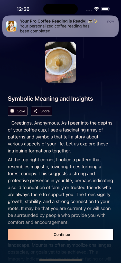 A digital coffee fortune reading displaying symbolic meanings and patterns found in a cup of coffee