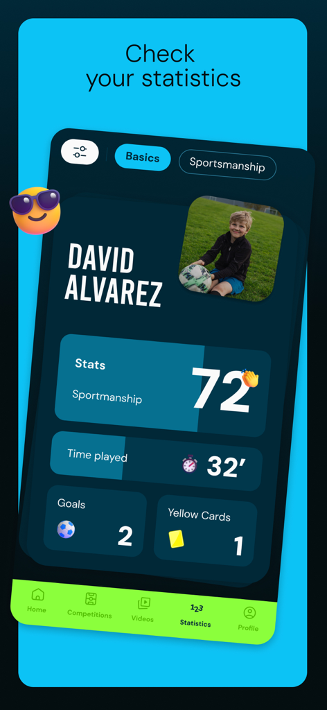 Dashboard dell'app WAME Sports che visualizza il profilo di un giovane atleta con statistiche di performance come gol e tempo giocato.