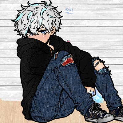 a male hoddie ripped jeans messy hair anime