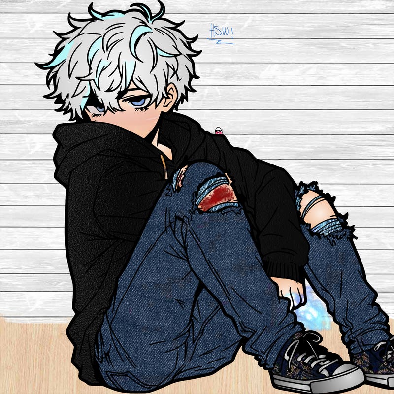 a male hoddie ripped jeans messy hair anime