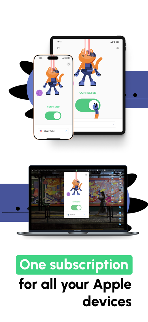 CyberCat VPN interface shown on an iPhone, iPad, and MacBook with the text One subscription for all your Apple devices.